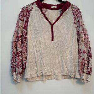 Floral Sleeve Blouse with Burgundy Accents